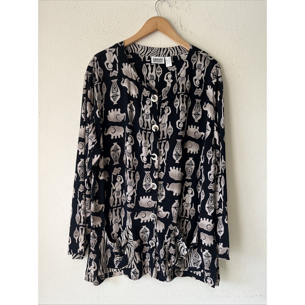 Chico's Design Ancient Egypt Elephant Print Button down Lagenlook Art to wear L